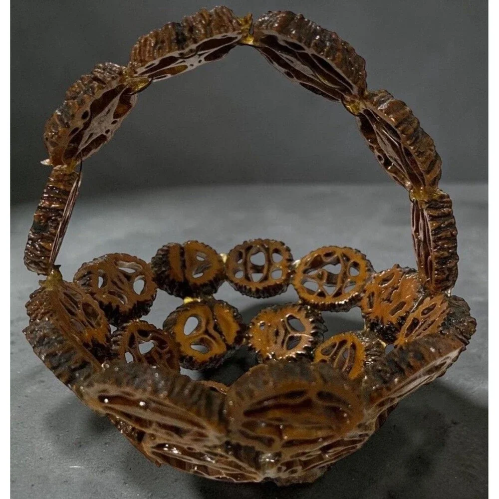 Vintage Handcrafted Black Walnut Shell Mini Basket Folk Art w/ Handle 4.5”